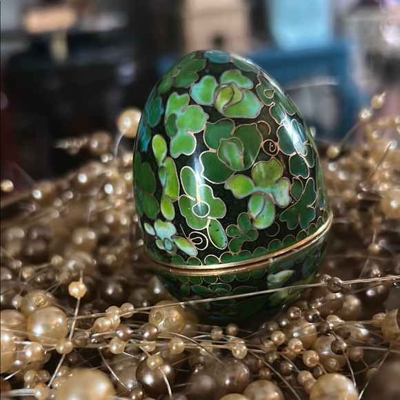 Vintage Emerald Green Cloisonné Egg Trinket Box